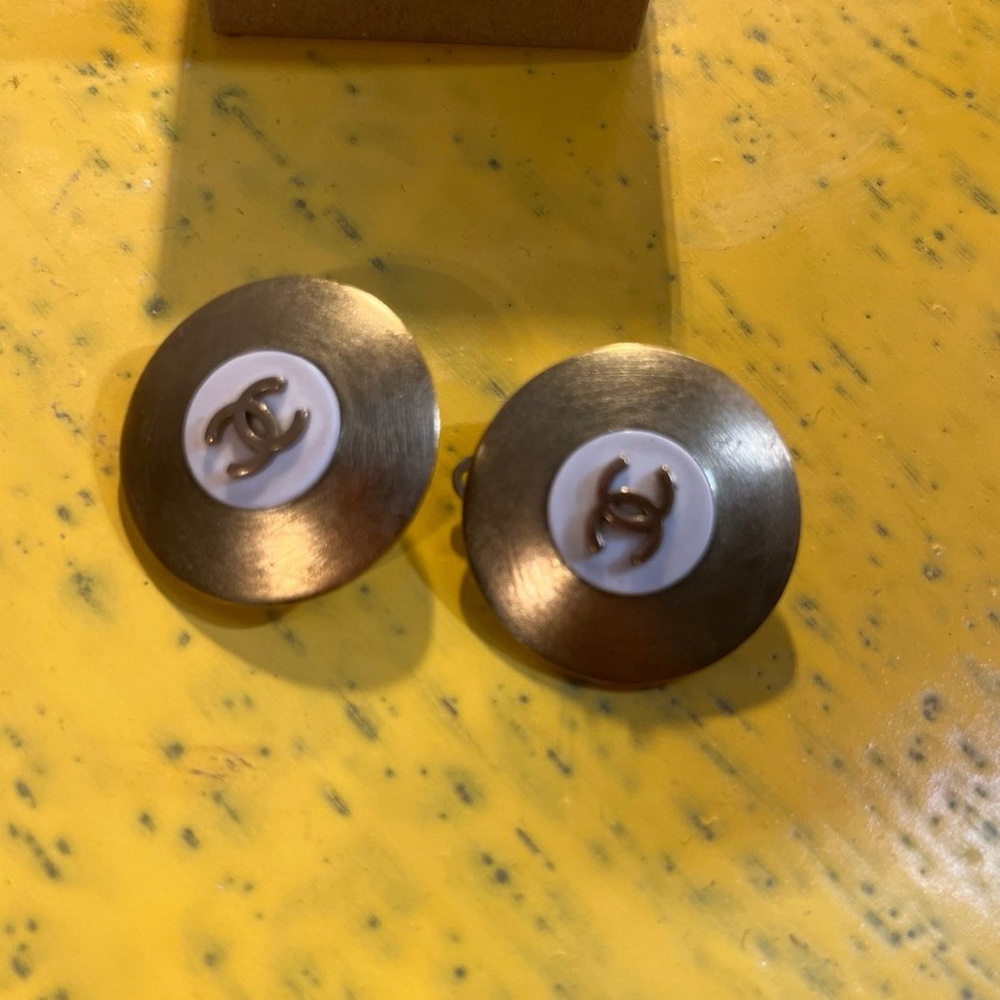 CHANEL Gold and White CC Logo Round Clip-On Earrings